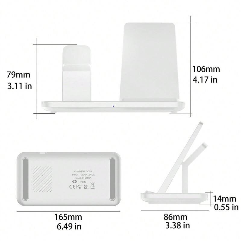 79mm 3.11 in  
106mm 4.17 in  
CHARGER DOCK  
INPUT: 12V/2A, 9V/2A  
MADE IN CHINA  
ROHS UK CE FC  

165mm 6.49 in  
86mm 3.38 in  
14mm 0.55 in
