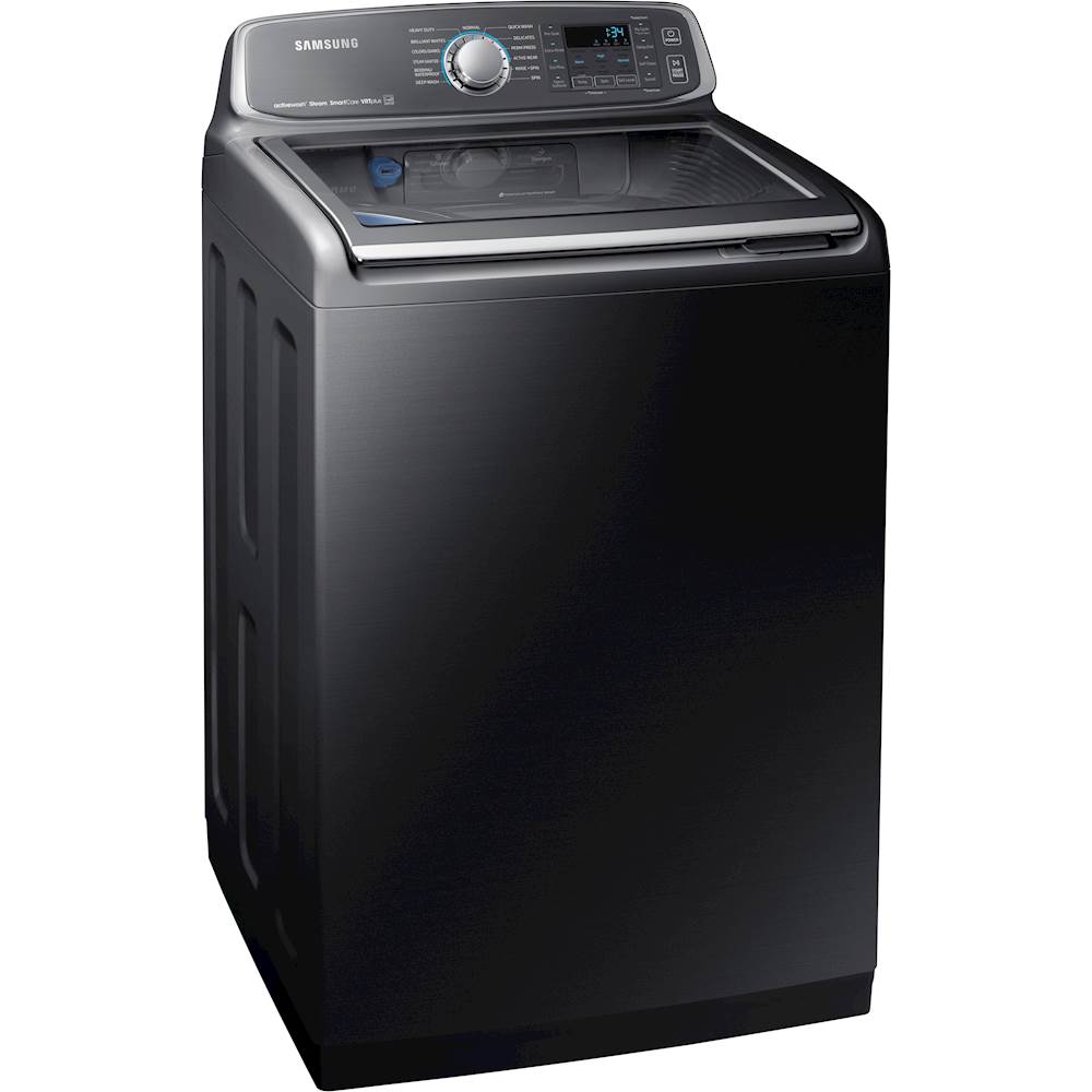 Angle View: Samsung - 5.2 Cu. Ft. High Efficiency Top Load Washer with Activewash - Black stainless steel