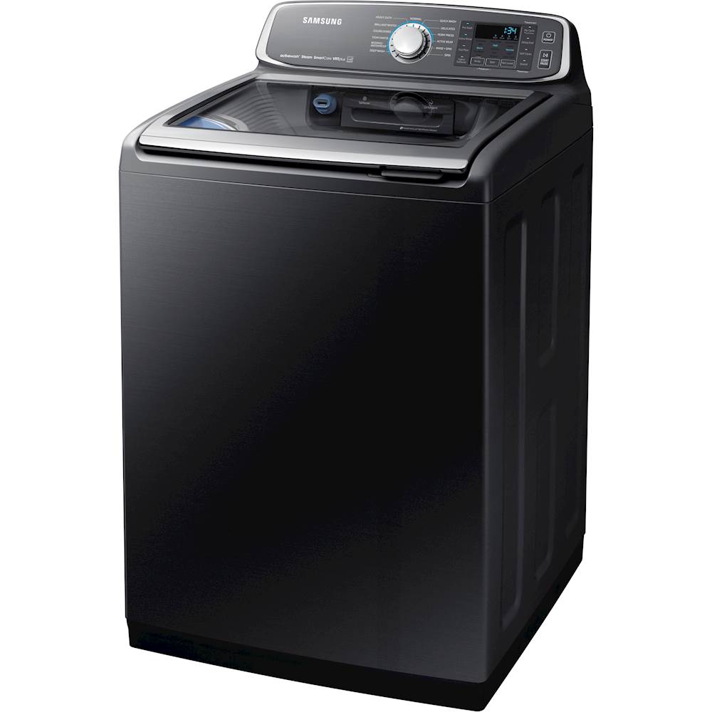 Left View: Samsung - 5.2 Cu. Ft. High Efficiency Top Load Washer with Activewash - Black stainless steel