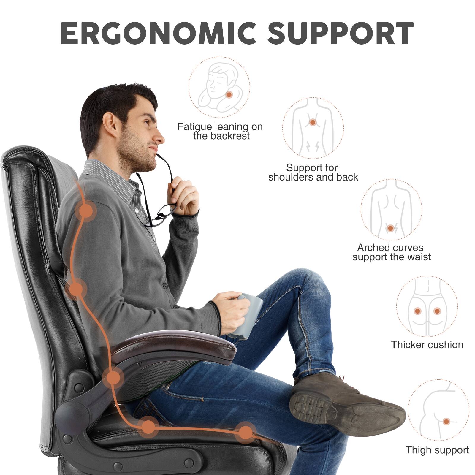 Ergonomic Support:

1. Fatigue leaning on the backrest
2. Support for shoulders and back
3. Arched curves support the waist
4. Thicker cushion
5. Thigh support