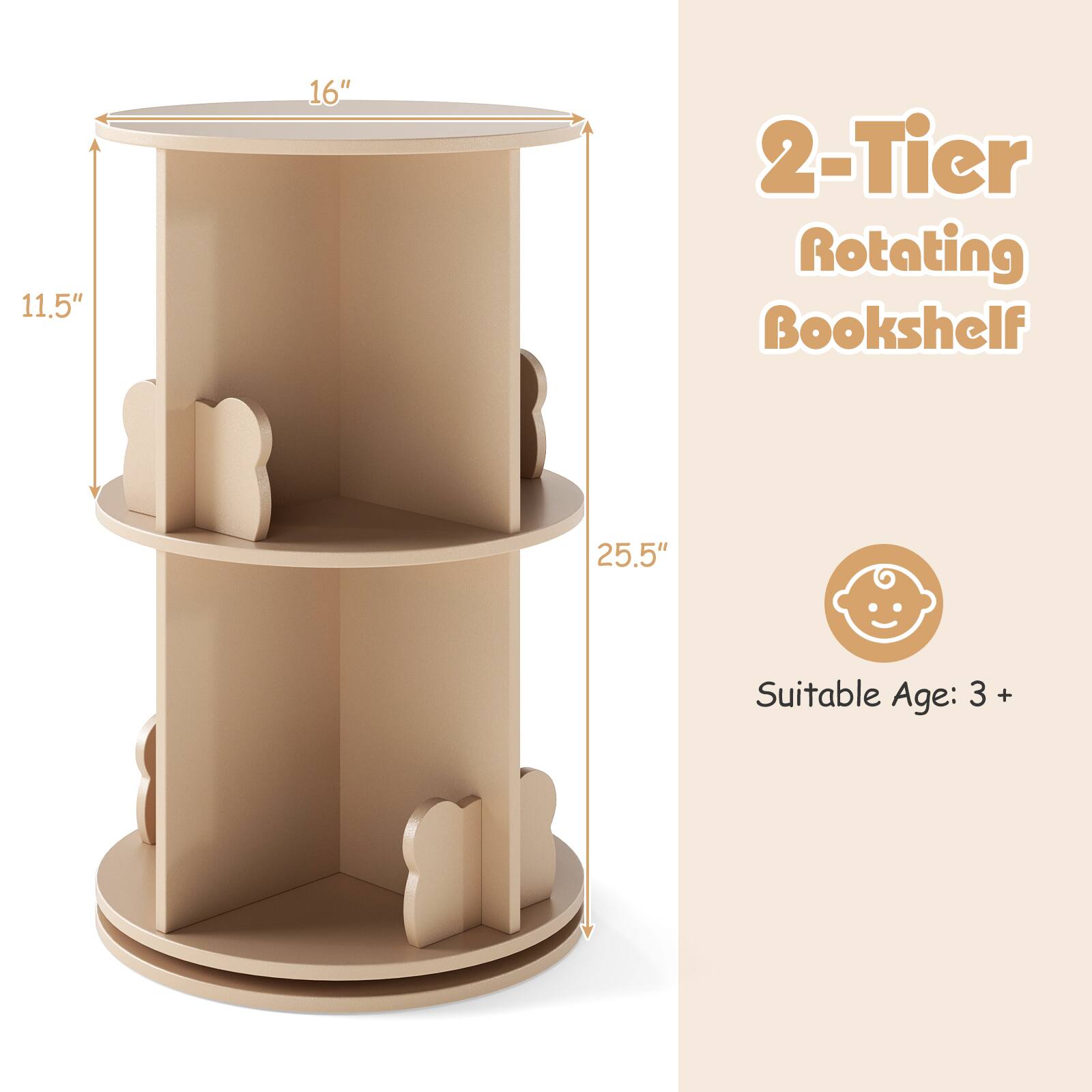 2-Tier Rotating Bookshelf, 25.5", 16", 11.5", Suitable Age: 3 +