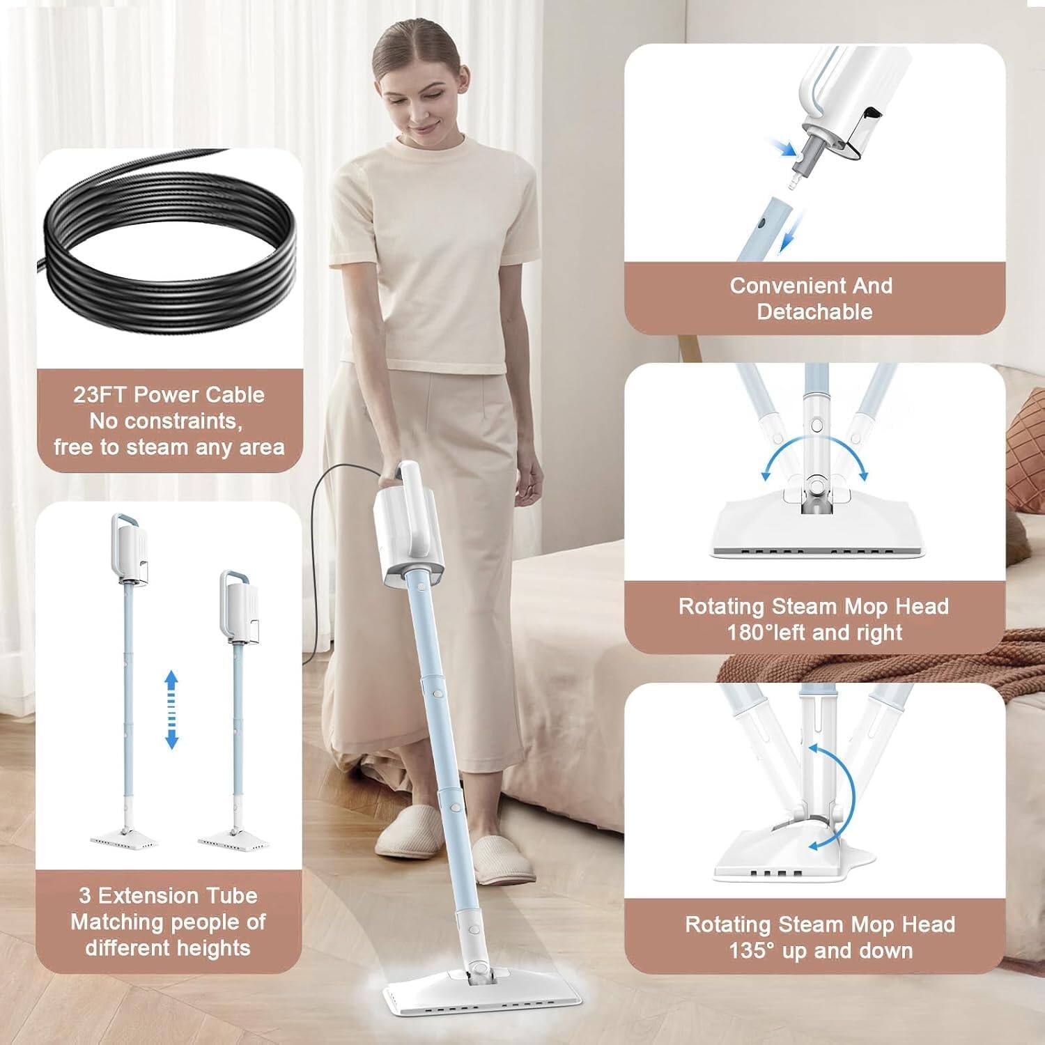 Convenient And Detachable  
23FT Power Cable  
No constraints, free to steam any area  
Rotating Steam Mop Head 180° left and right  
3 Extension Tube  
Matching people of different heights  
Rotating Steam Mop Head 135° up and down