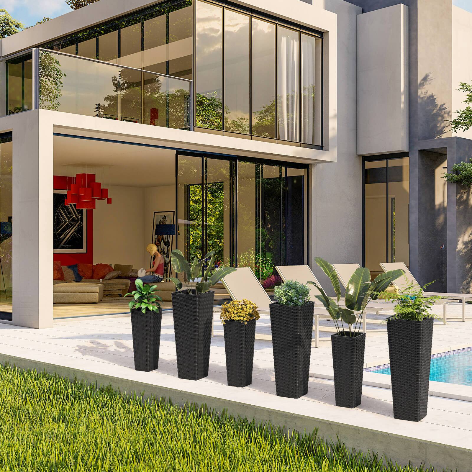 Alt View 3. Costway - Costway Rattan Tall Planter Set of 2 with Removable Inner Trays, Drainage Holes for Garden - Black.