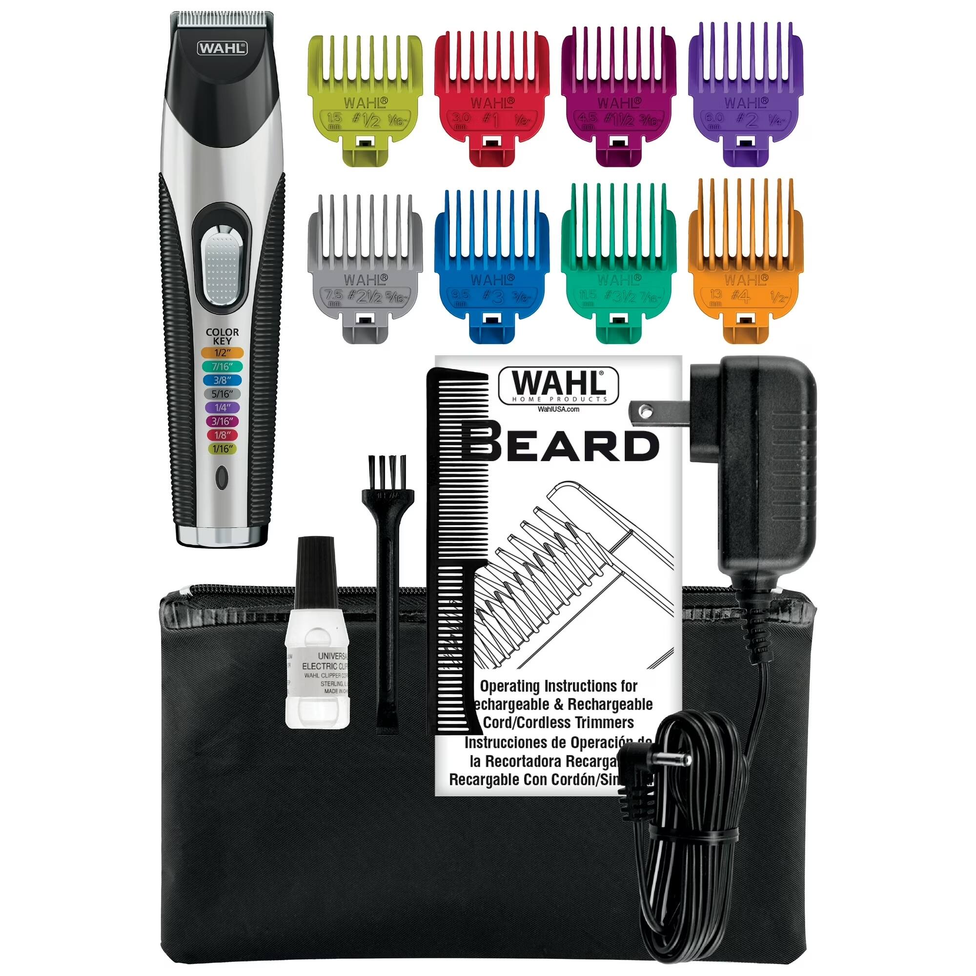 WAHL WAH L5 #12  
Ve- WAHE 3.0 1 - WAHE A5 2 e WAHD 18 #2 fer WAHD 1 $2  
WAHE S.S #3  
WAHD A5 #312 7h WAHD 13 A V2  
COLOR KEY 12 5/16 14 1/16 18" V16  
WAHL O.E. - PRODUCTS  
MWLI.cm  
BEARD UNIV SELECTRIC  
Operating Instructions for Rechargeable & Rechargeable Cord/Cordless Trimmers  
Instrucciones de Operación la Recortadora Recargable Con Cordón/Sin