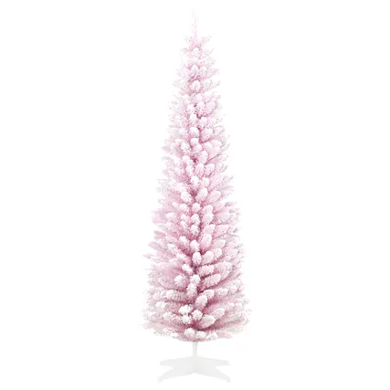 Front. Homcom - Decorated Christmas Tree Snow Flocked Artificial Christmas Tree with Pencil Shape - Pink.