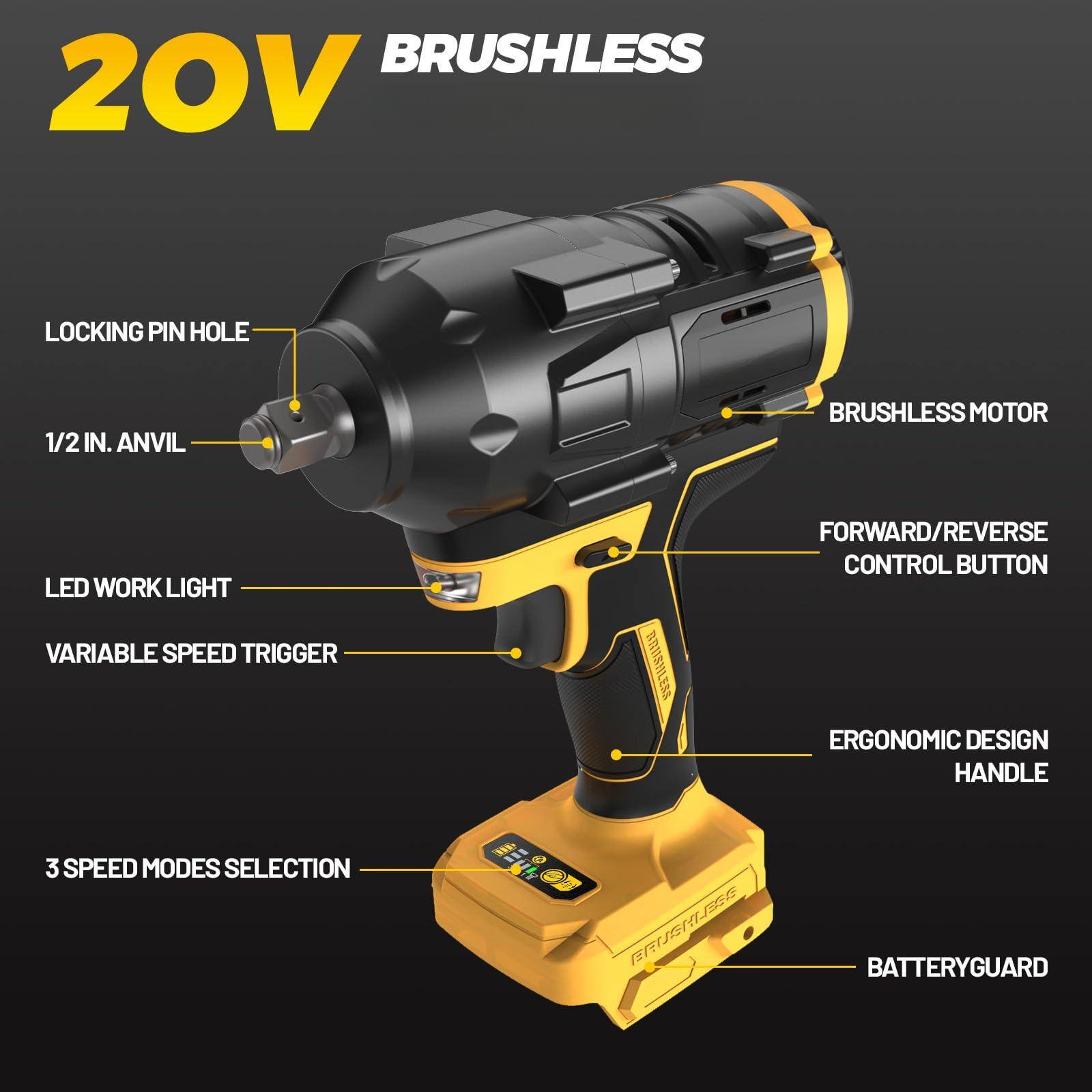 20V BRUSHLESS

- LOCKING PIN HOLE
- 1/2 IN. ANVIL
- LED WORK LIGHT
- VARIABLE SPEED TRIGGER
- 3 SPEED MODES SELECTION
- BRUSHLESS MOTOR
- FORWARD/REVERSE CONTROL BUTTON
- ERGONOMIC DESIGN HANDLE
- BATTERYGUARD
