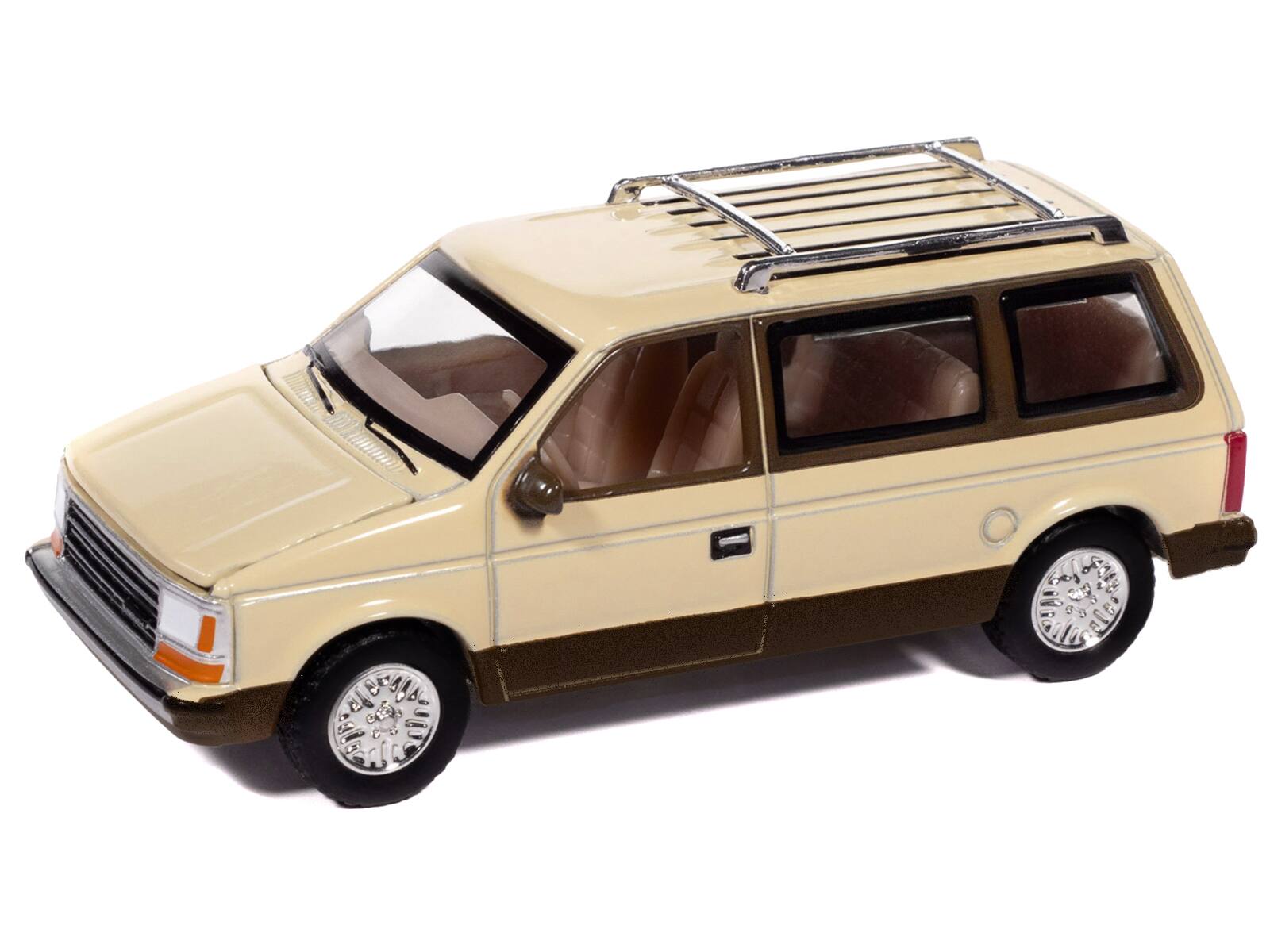 Left. Autoworld - 1987 Plymouth Voyager Van Light Cream and Golden Bronze Metallic 2-Tone "Mighty Minivans" Series 1/64 - Light Cream and Golden Bronze Metallic.