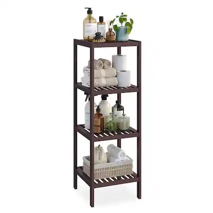 Front. Songmics Home - 4-Tier Bamboo Bathroom Shelf, Narrow Shelving Unit, Multifunctional Storage Rack, Corner Rack - Brown.