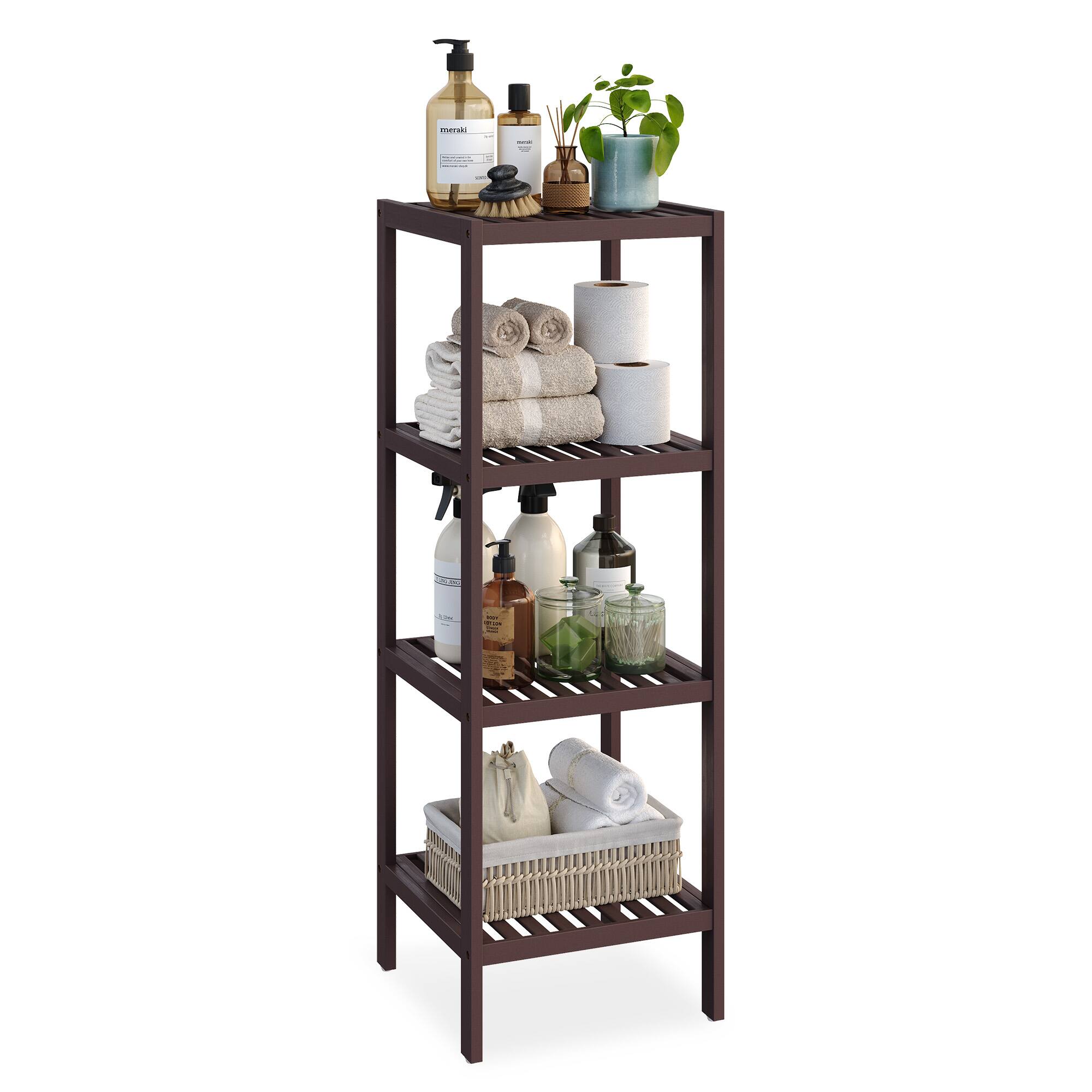 Front. Songmics Home - 4-Tier Bamboo Bathroom Shelf, Narrow Shelving Unit, Multifunctional Storage Rack, Corner Rack - Brown.