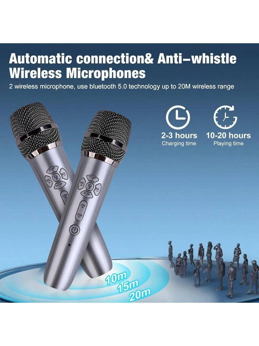 Automatic connection & Anti-whistle Wireless Microphones

2 wireless microphones, use bluetooth 5.0 technology up to 20M wireless range

2-3 hours Charging time

10-20 hours Playing time

10m 15m 20m