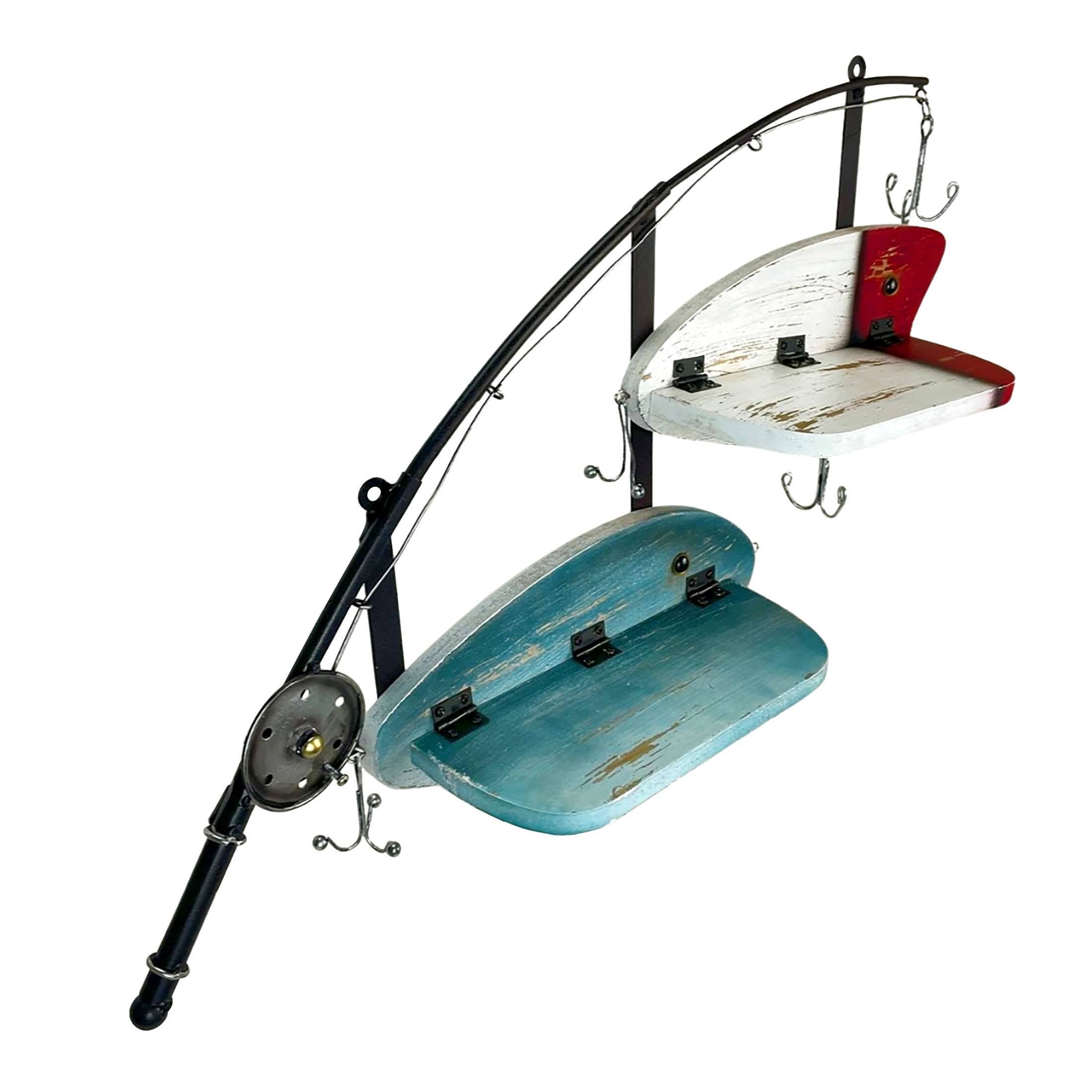 Alt View 1. Zeckos - Fishing Pole Wall Shelf with Two Lure Shelves Rustic Metal Wood Zeckos 24" Decor - Multicolored.