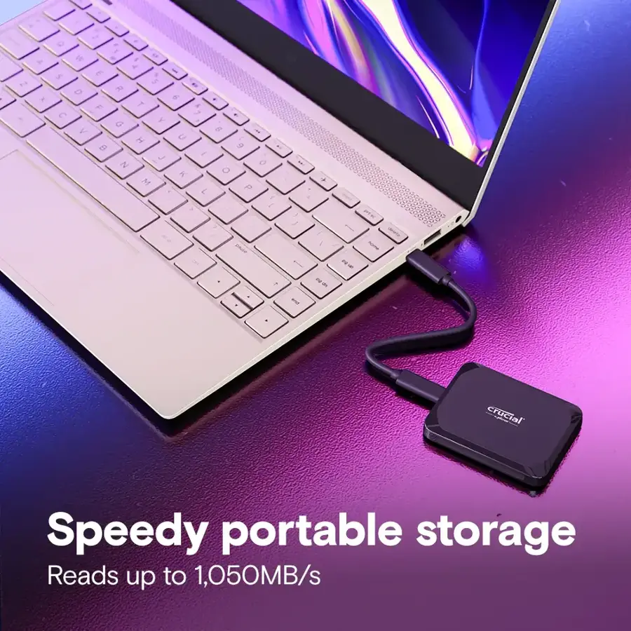 The text on the image reads: "Crucial Speedy Portable Storage Reads up to 1,050MB/s."