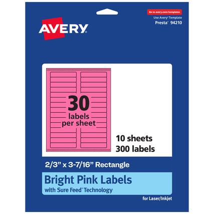 Go to avery.com/templates
AVERY
Use Avery Template Presta* 94210
30 labels per sheet
10 sheets
300 labels
2/3" x 3-7/16" Rectangle
Bright Pink Labels with Sure Feed Technology for Laser/Inkjet