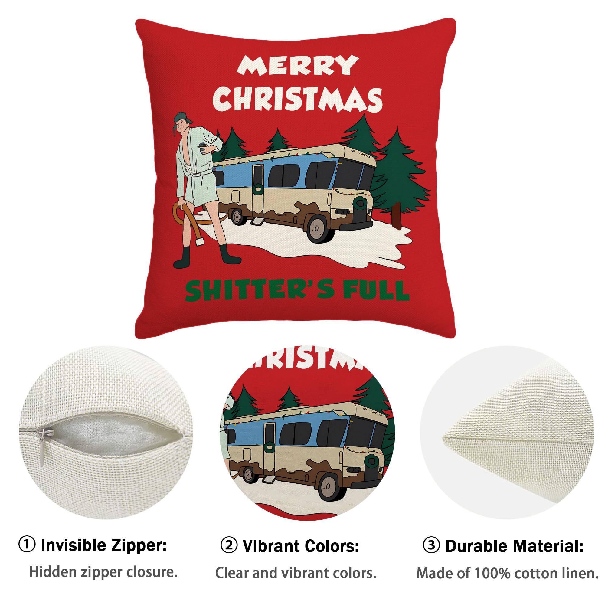 MERRY CHRISTMAS  
SHITTER'S FULL  

1. Invisible Zipper: Hidden zipper closure.  
2. Vibrant Colors: Clear and vibrant colors.  
3. Durable Material: Made of 100% cotton linen.