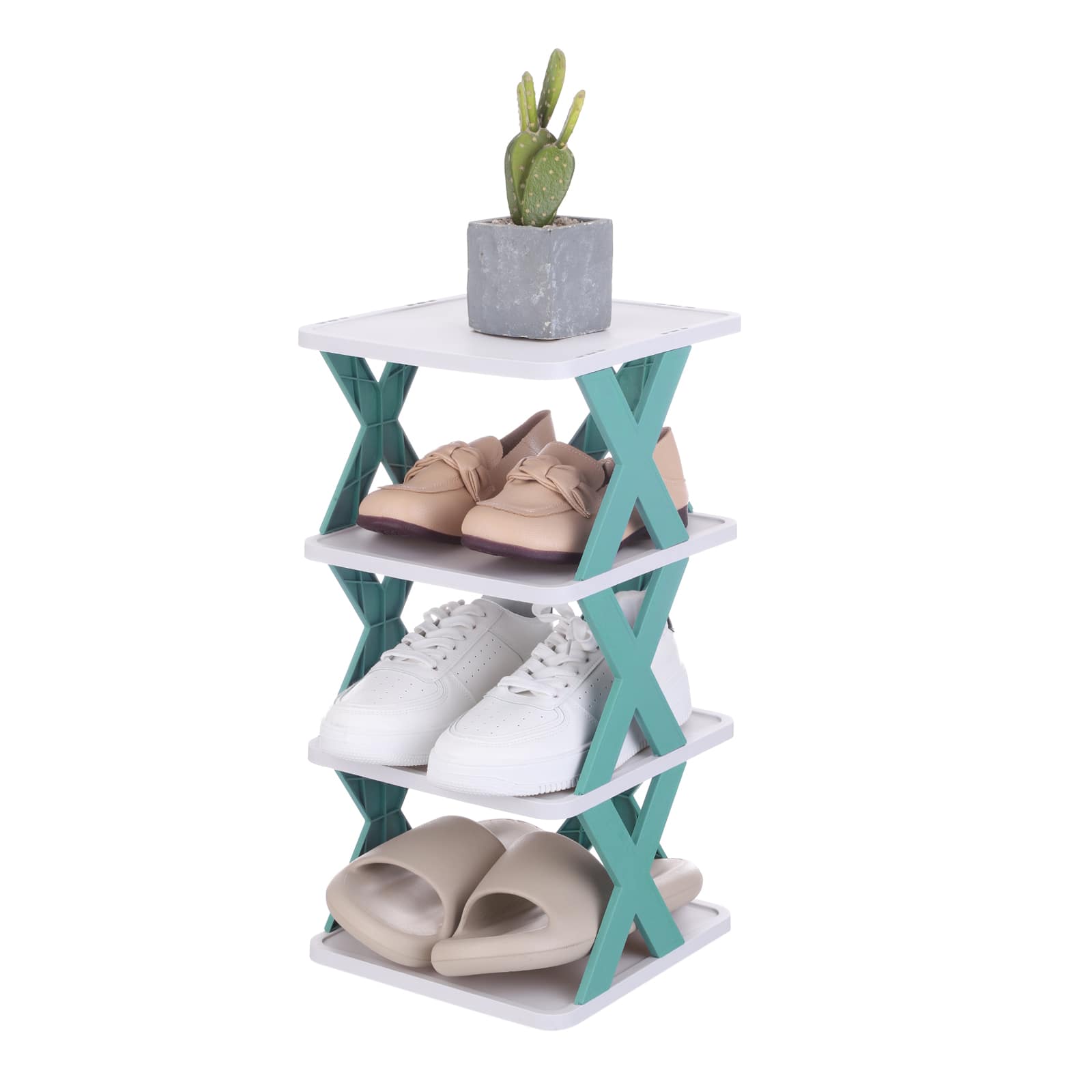 Unique Bargains - 4-Tier Plastic Shoe Rack, Vertical Stackable Folding Narrow Shelf for Closet Entryway Garage - Blue/White