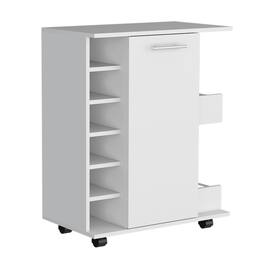 TuHome - Lothian Bar Cart with Casters, 2-Side Storage Shelves, 6-Wine Bottle Rack, Living Room or Bar Room - White