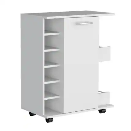 Front. TuHome - Lothian Bar Cart with Casters, 2-Side Storage Shelves, 6-Wine Bottle Rack, Living Room or Bar Room - White.