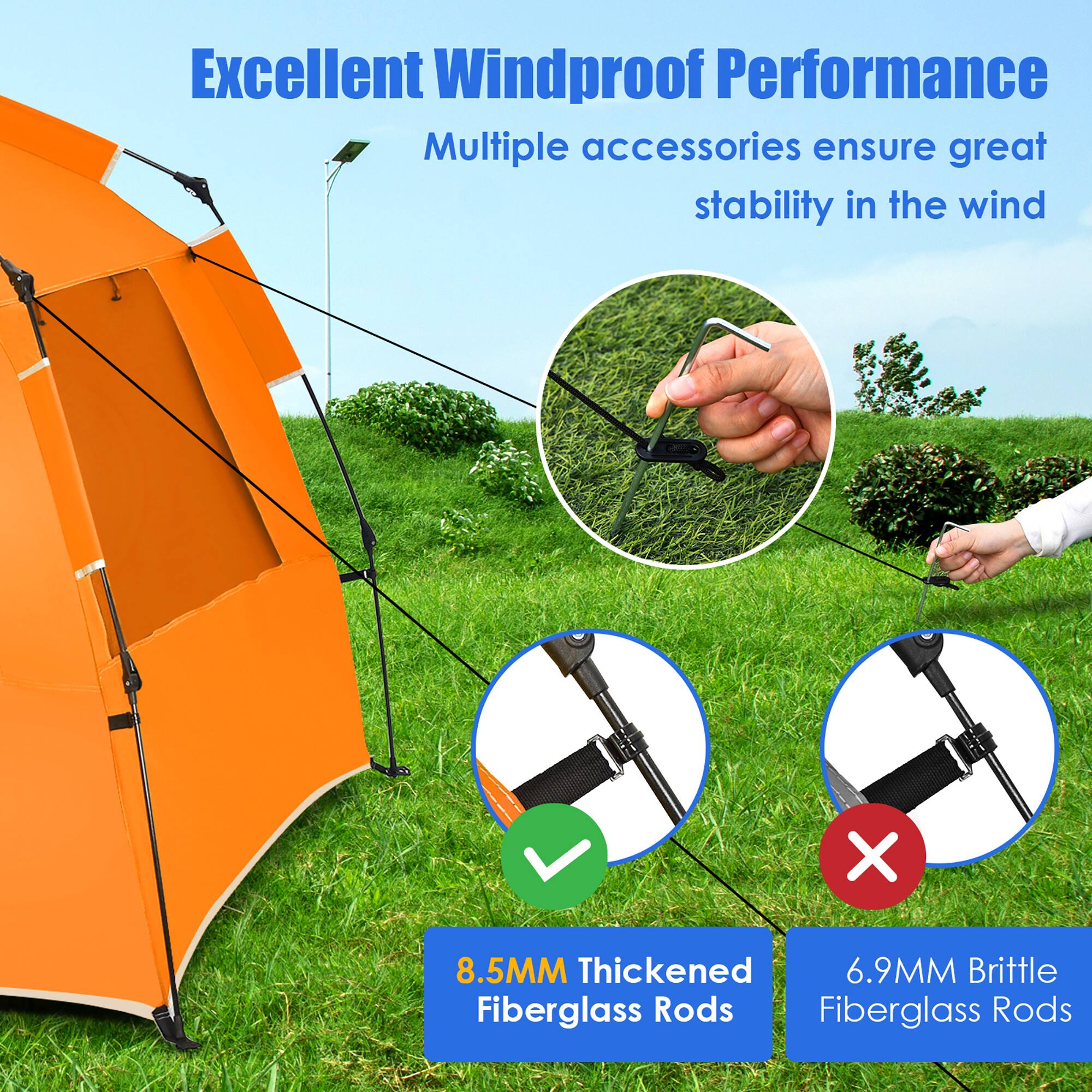 Excellent Windproof Performance: Multiple accessories ensure great stability in the wind.
8.5MM Thickened Fiberglass Rods: 6.9MM Brittle Fiberglass Rods.