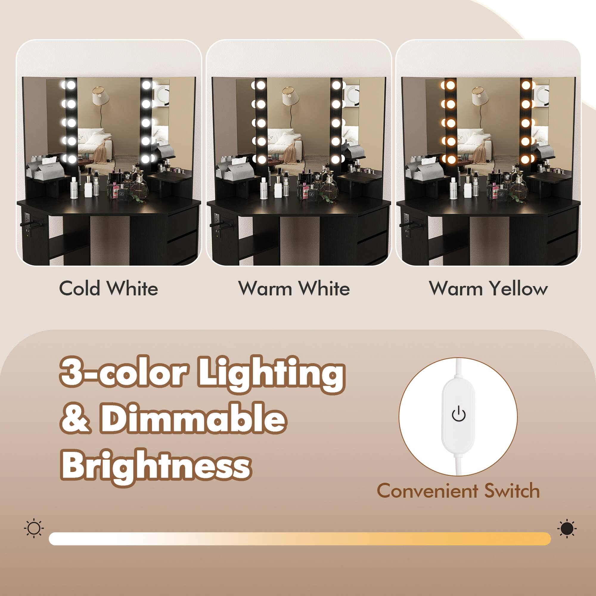 Cold White Warm White Warm Yellow 3-color Lighting & Dimmable Brightness Convenient Switch
