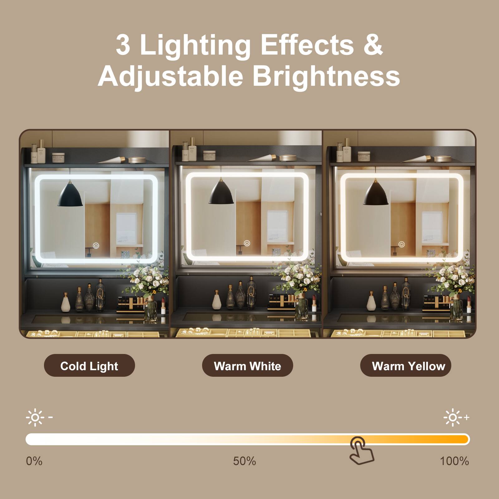 3 Lighting Effects & Adjustable Brightness

- Cold Light
- Warm White
- Warm Yellow

0% 50% 100%