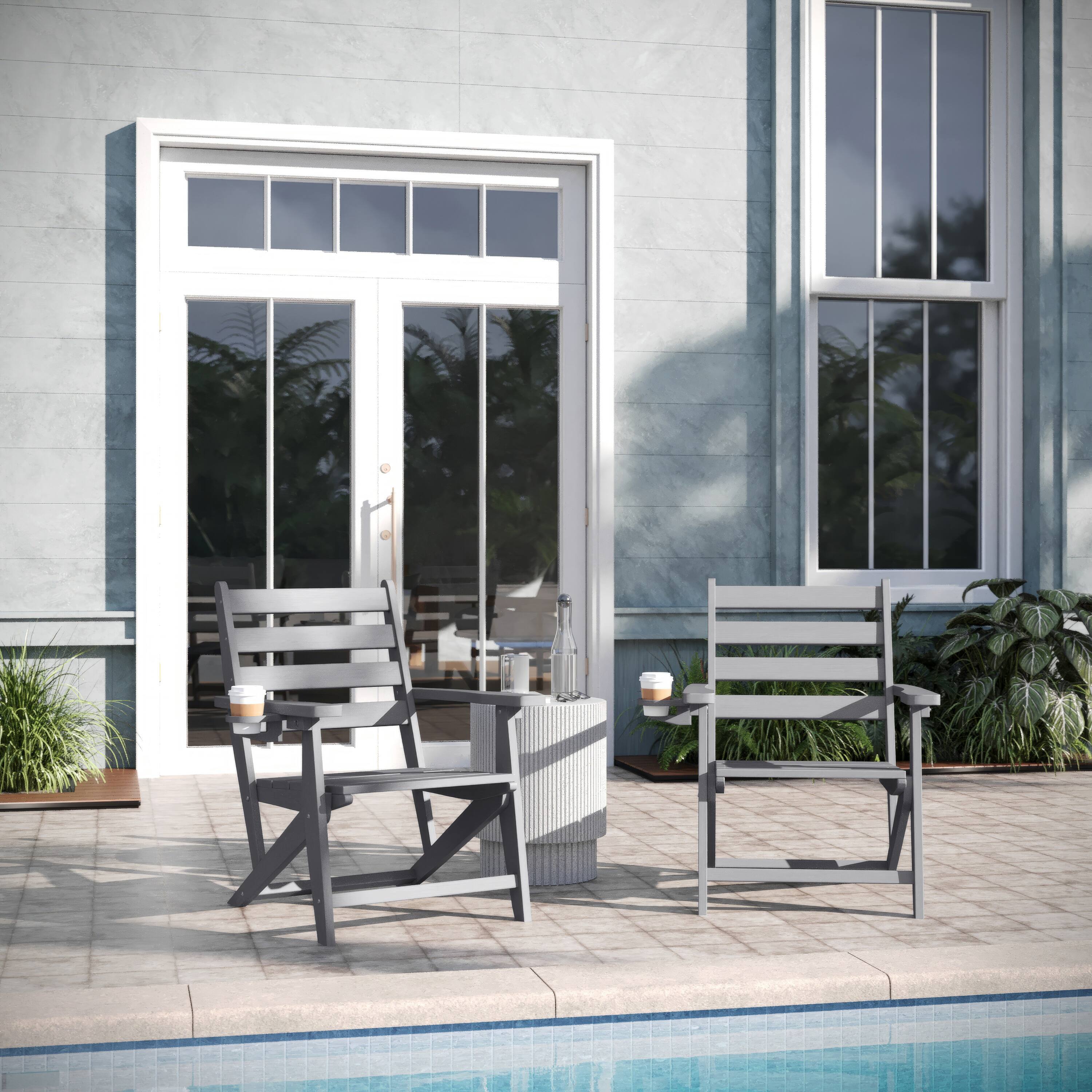 Alt View 3. Emma + Oliver - Arcata Adirondack Dining Chair with Fold Out Cup Holder, Weather Resistant Recycled HDPE Adirondack Chair - Gray.