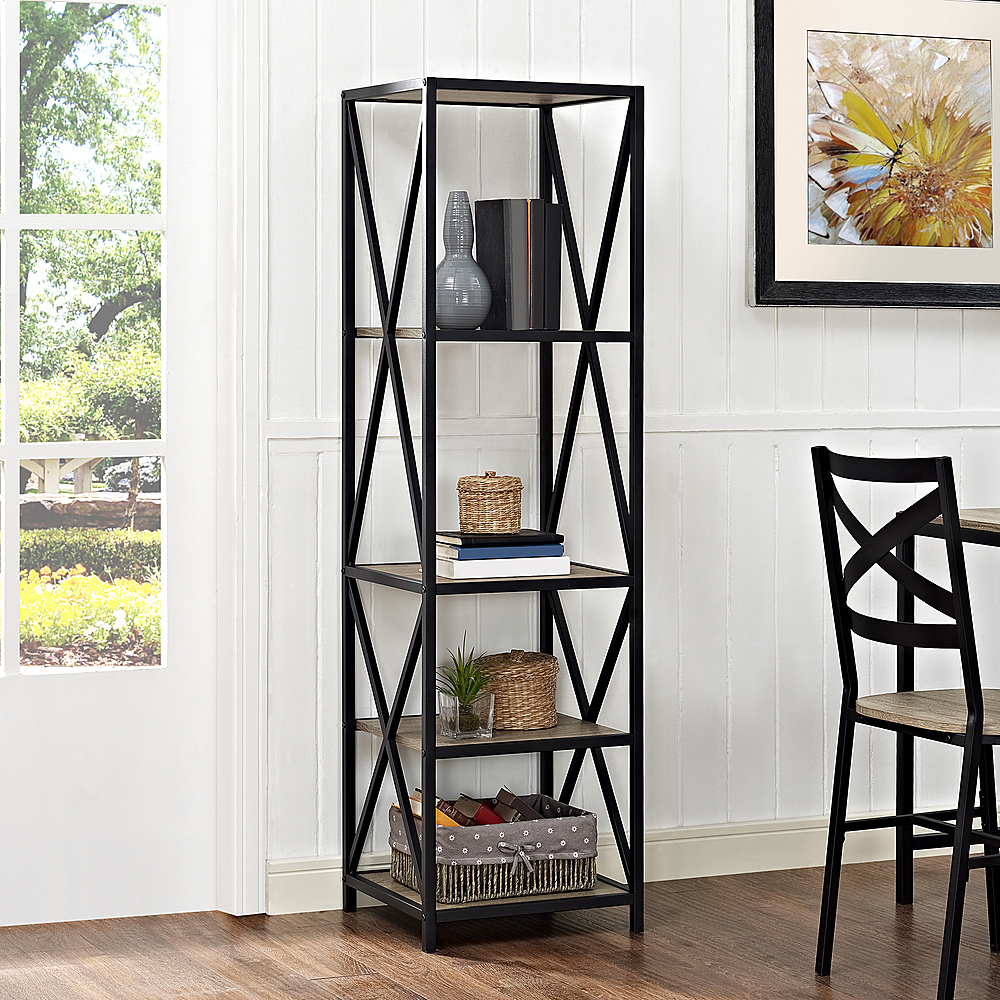 Kaili Tall Vintage Acorn and Black Metal Bookshelf