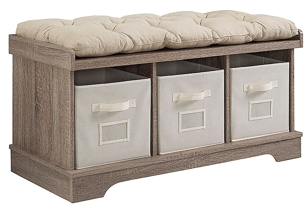 Angle View: Walker Edison - Rustic Farmhouse Entryway Storage Bench with Totes - Driftwood