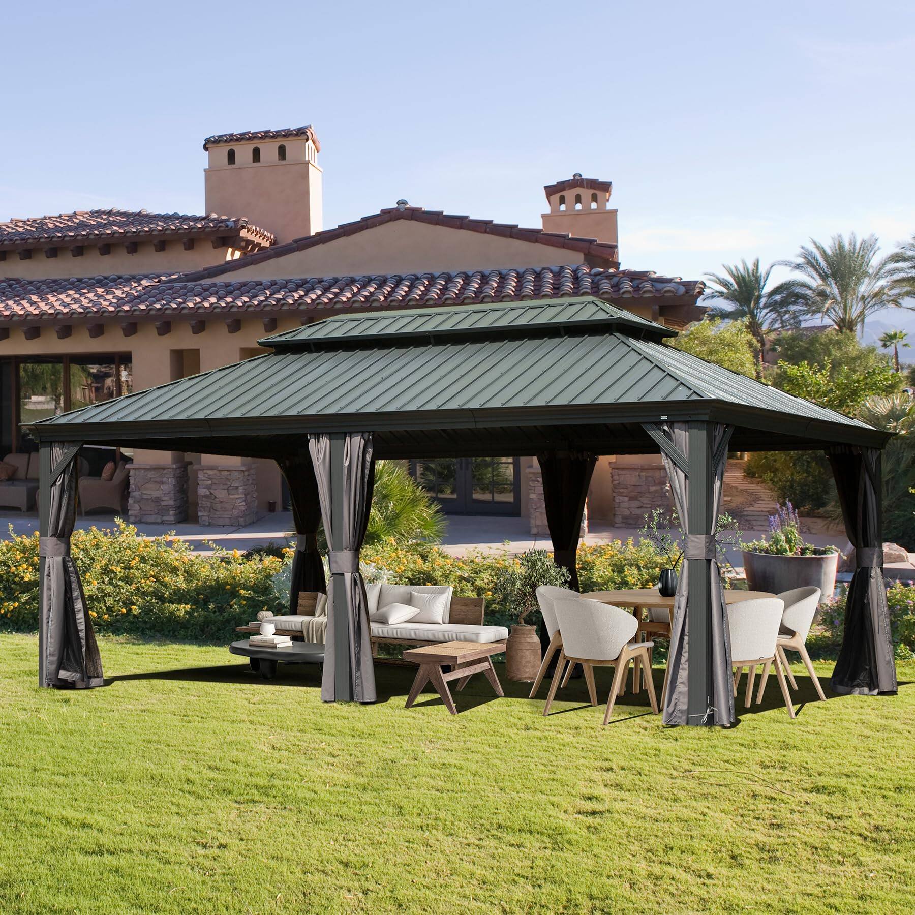 Alt View 2. Loheer - Loheer Hardtop Gazebo 12x18 Outdoor Patio Gazebo with Galvanized Steel Double Roof, Aluminum Frame, Curtains.