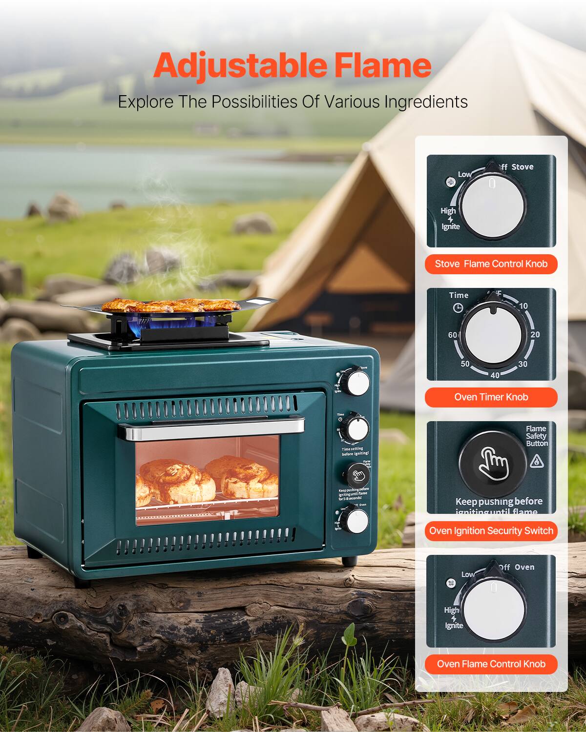 Adjustable Flame  
Explore The Possibilities Of Various Ingredients  

- Stove Flame Control Knob  
  Low | Off Stove | High Ignite  

- Oven Timer Knob  
  Time: 10 | 20 | 30 | 40 | 50 | 60  

- Flame Safety Button  
  Keep pushing before igniting until flame  

- Oven Ignition Security Switch  

- Oven Flame Control Knob  
  Low | Off Oven | High Ignite