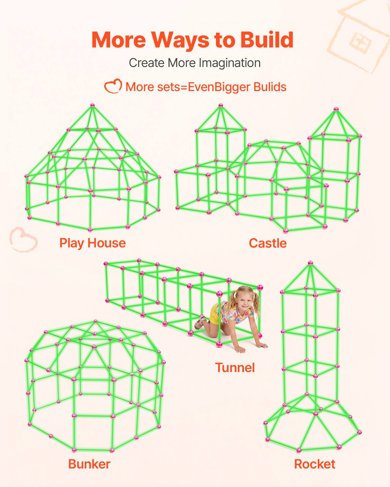 More Ways to Build  
Create More Imagination  
More sets=Even Bigger Builds  

Play House  
Castle  
Tunnel  
Bunker  
Rocket
