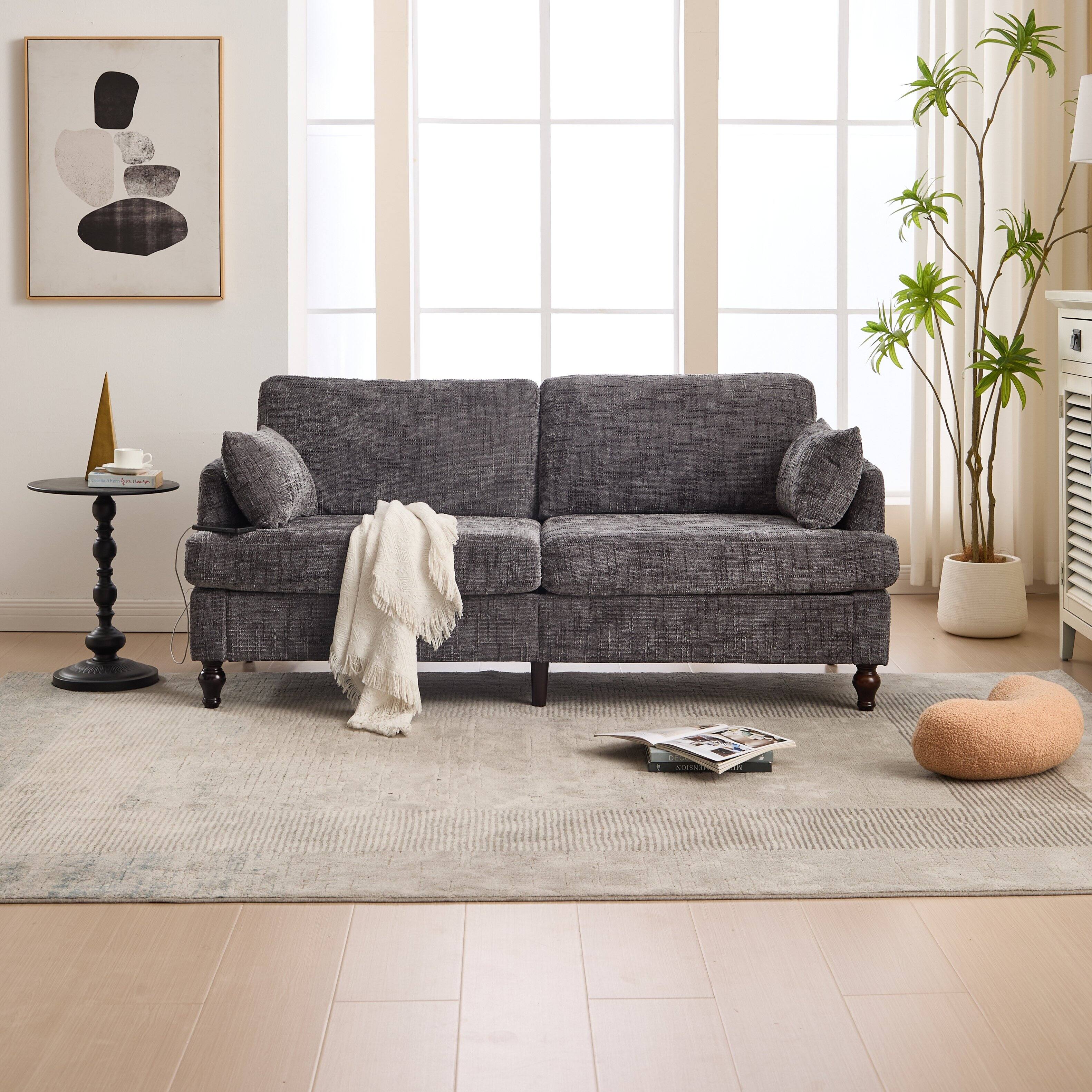 Alt View 1. Ecooso - Modern 2-Seater Sofa with LED Light, USB Charging Port & Storage Bag, Wood-Legged Upholstered Couch for Living - Gray.