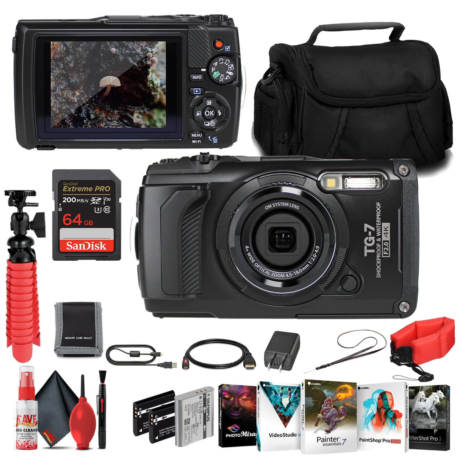 M - INFO 4 0 P 80 f S OK $ MENU W S

SanDisk Extreme PRO 200 MB/s V6 3 0 64 GB

Olympus TG-7

- 4x WIDE 1:2.0-4.9 OPTICAL ZOOM 45-18.0mm
- WATERPROOF 4K
- SHOCKPROOF
- F2.0

AVE NS CLEARD

- 11-908 d OLTMPUS /R

PHOTO Mira

VideoStudio 4

Painter essentials

PaintShop Pro 210

AfterShot Pro