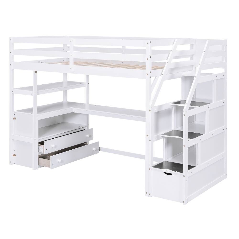 Alt View 8. Loheer - Loheer Twin Loft Bed with Desk Shelves Storage Stairs White - White.