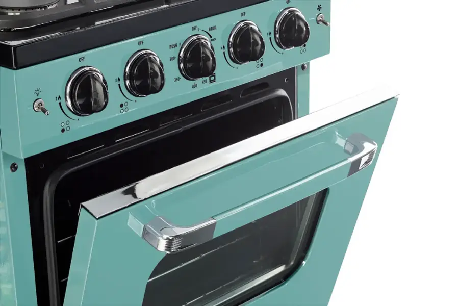 The oven has a control panel with four knobs and a digital display. The knobs are labeled with the temperature settings of 300, 350, 450, and 400 degrees. The oven is currently set to "Off."