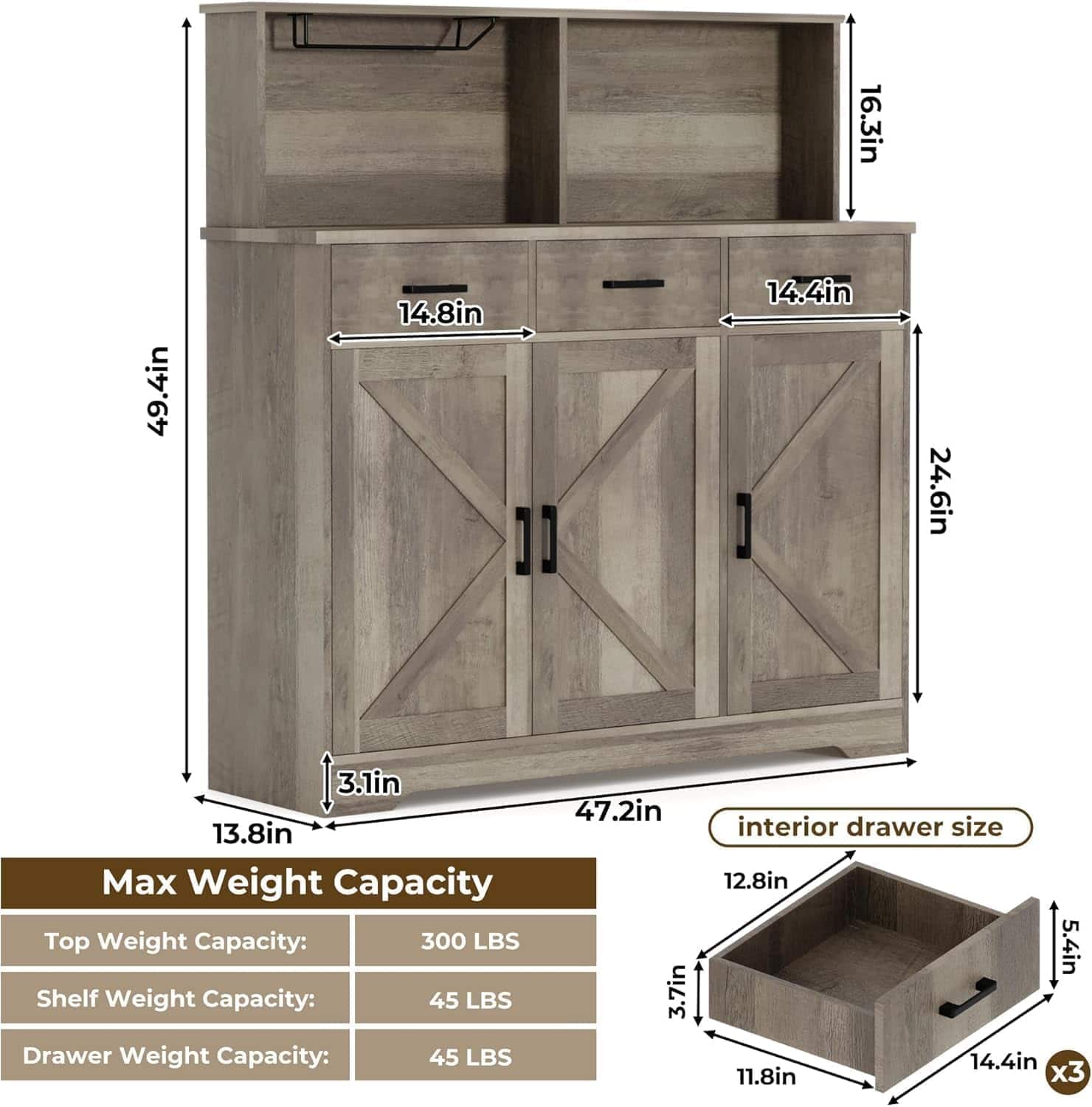 Homhougo - Sideboard Buffet Cabinet, Open Rack, Door & Drawer, Microwave Stand, Kitchen - Gray
