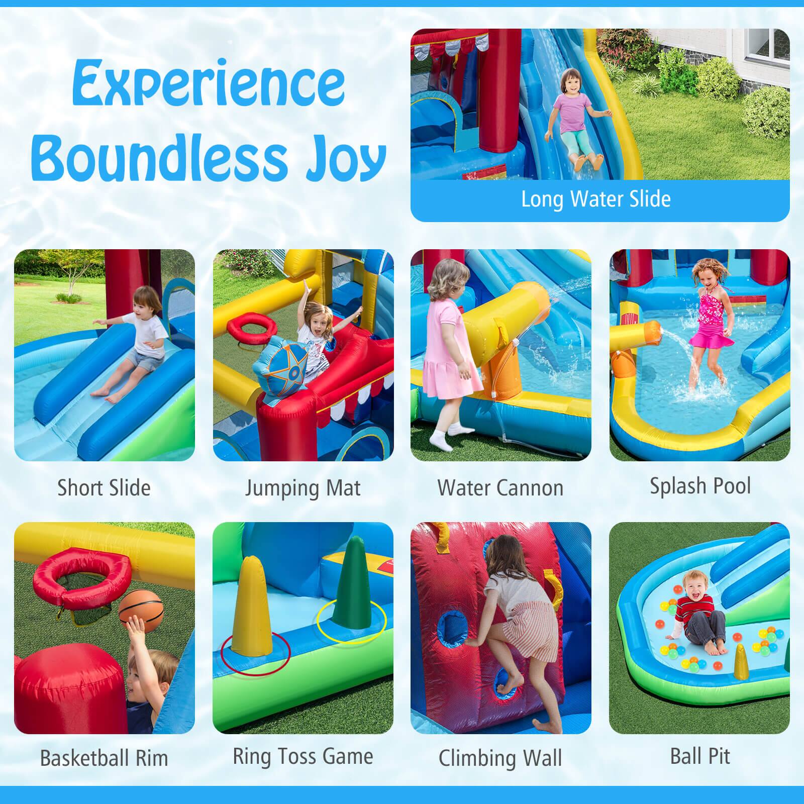 Experience Boundless Joy

- Long Water Slide
- Short Slide
- Jumping Mat
- Water Cannon
- Splash Pool
- Basketball Rim
- Ring Toss Game
- Climbing Wall
- Ball Pit