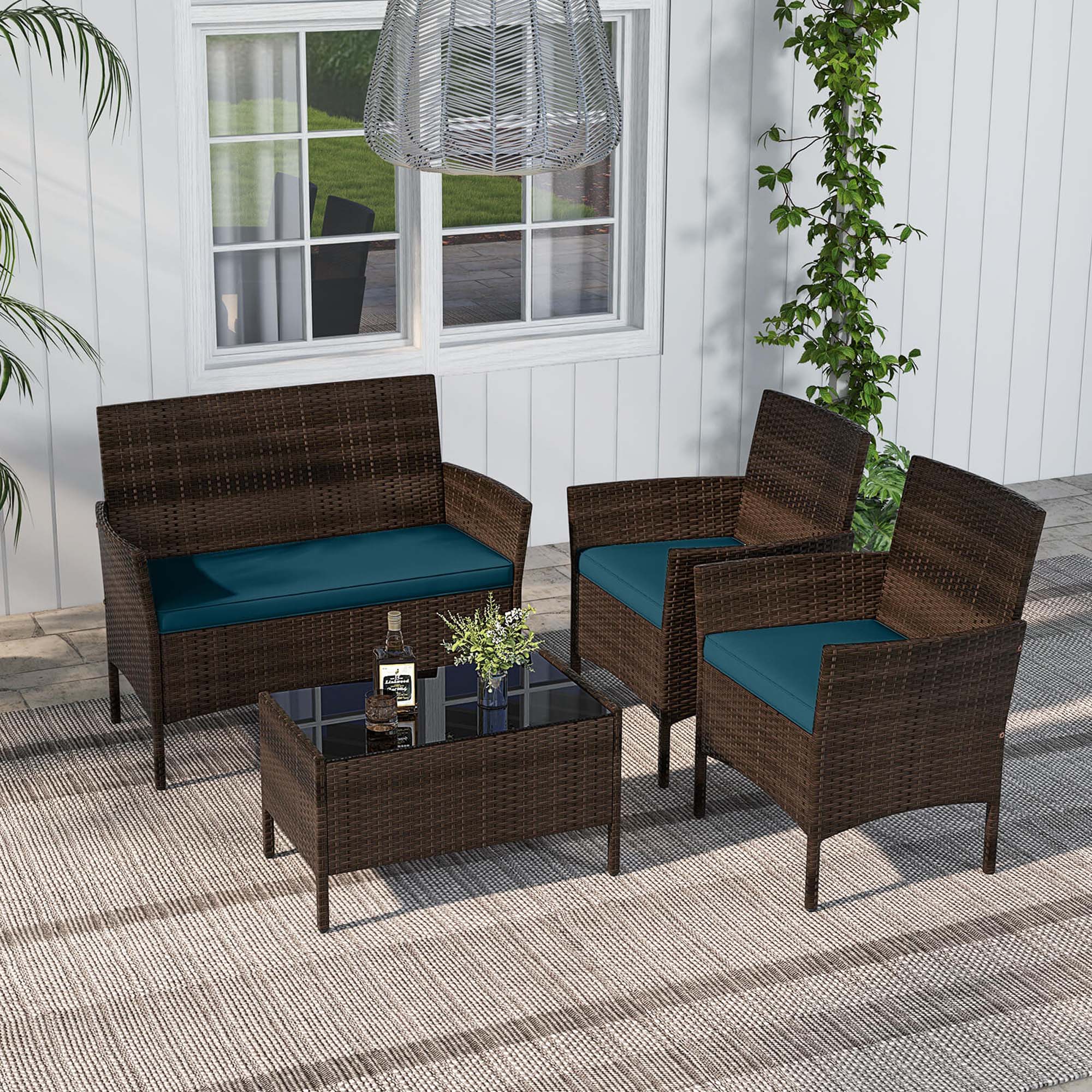 Alt View 3. Costway - 4 PCS Patio Furniture Set withWashable Cushions and Tempered Glass Coffee Table - Blue,Mix Brown.