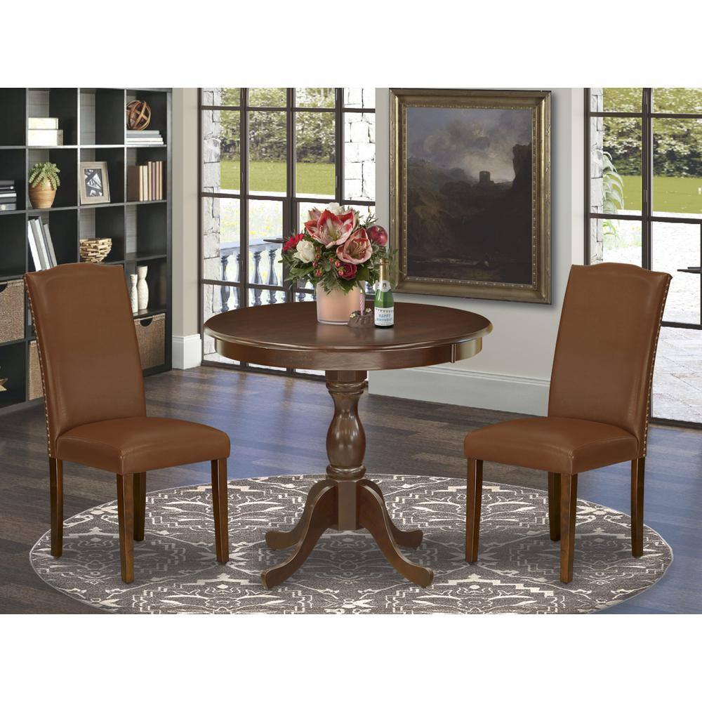 Alt View 2. East West Furniture - AMEN3-MAH-66 3 Piece DINETTE SET - 1 Wooden Dining Table and 2 Brown Upholstered Chairs - Mahogany Finish - Mahogany.