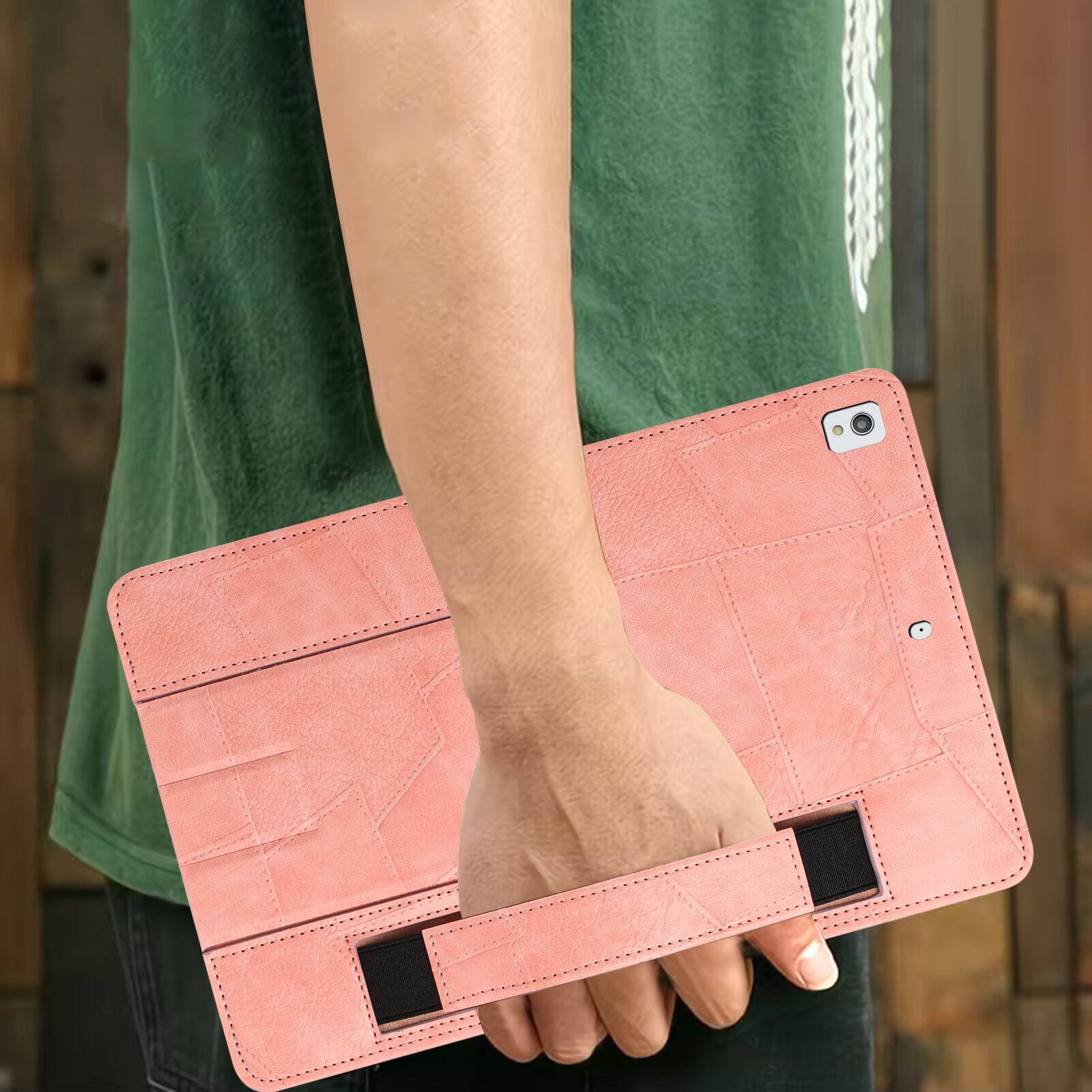 Left. Dteck - Leather Texture Case for Apple iPad (9th Generation) 10.2" 2021, Shockproof Cover with Multi-Angle Stand and Hand Strap - Pink.