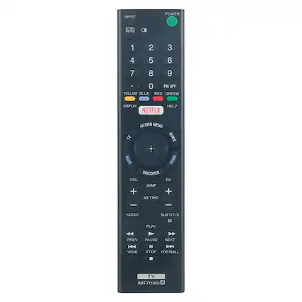 INPUT POWER SYNC MENU 1 2 3 4 5 6 7 8 9 0 PIC OFF YELLOW BLUE RED GREEN DISPLAY HELP NETFLIX TV ACTION MENU GUIDE BACK HOME DISCOVER VOL CH JUMP + + MUTING - AUDIO SUBTITLE CC PLAY PREV PAUSE NEXT H4 WIDE " D STOP FOOTBALL TV RMT-TX100U