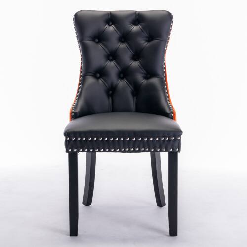 Left. LUCKY ONE - Assembled Tufted PU Velvet Dining Chair Set of 2 with Wood Legs Nailhead Trim High Back - Black PU.