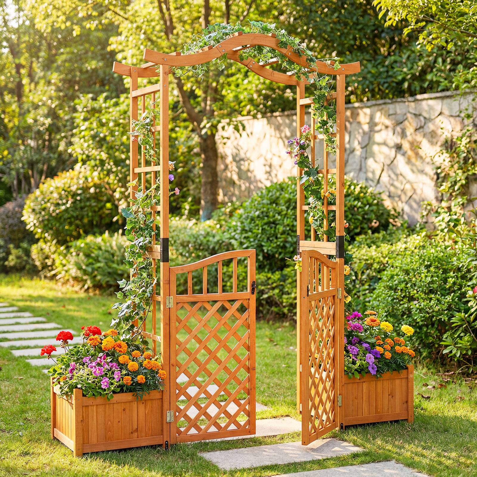 Alt View 5. Costway - Costway Garden Arbor with Gate & 2Planter Boxes, 83" Wooden Garden Arch with Drainage Holes - Yellow.