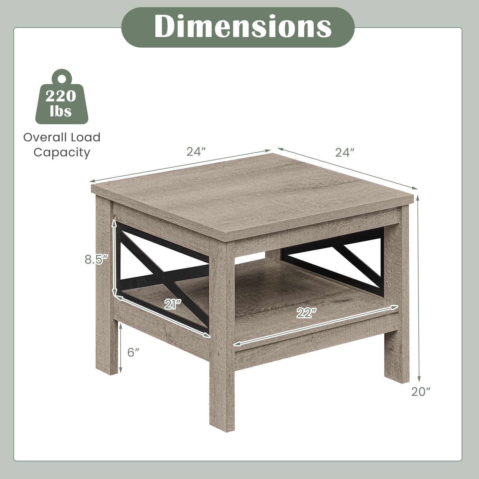 Dimensions  
220 lbs Overall Load Capacity  
24" x 24"  
8.5"  
21"  
22"  
6"  
20"