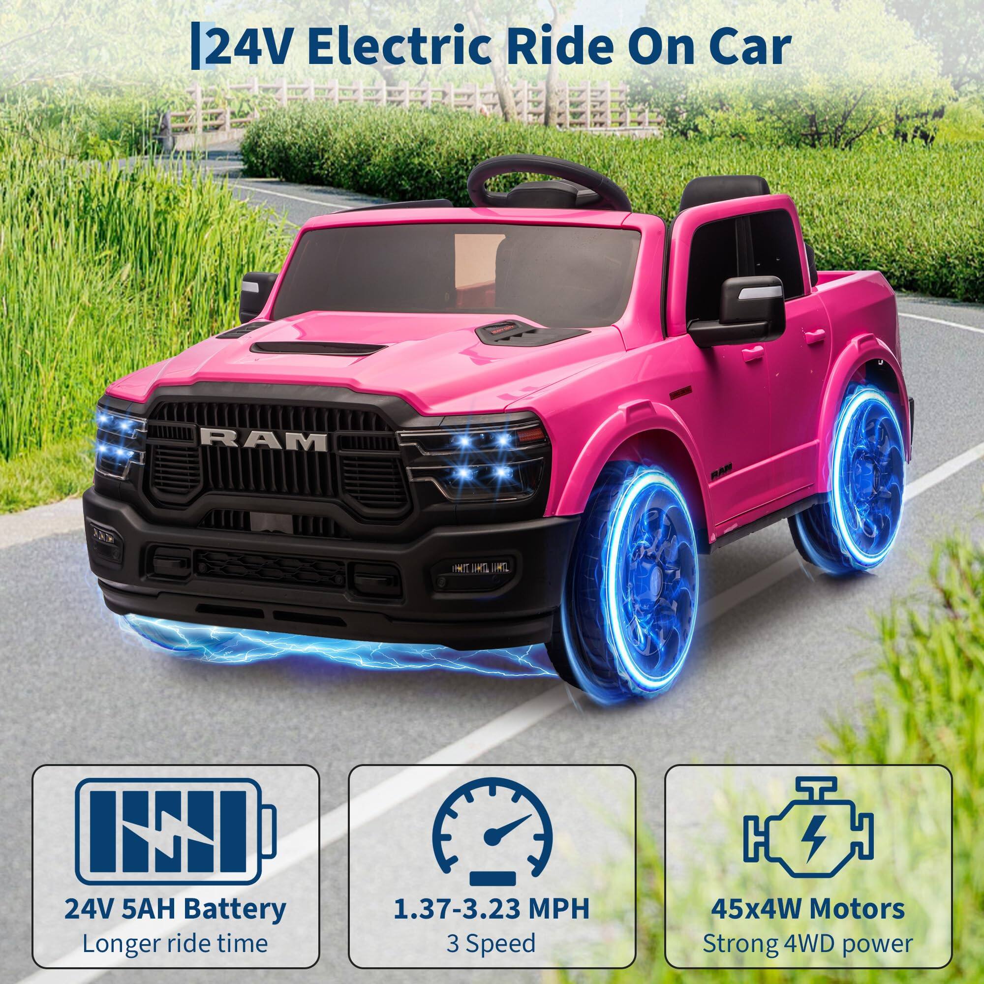24V Electric Ride On Car

- 24V 5AH Battery
- Longer ride time
- 1.37-3.23 MPH
- 3 Speed
- 45x4W Motors
- Strong 4WD power