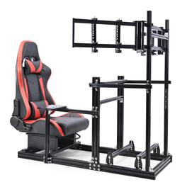 Dardoo - 3060 Aluminum Profiles Racing Simulator Cockpit with Red Seat and Triple Monitor Mount Compatible with Logitech - Red & Black