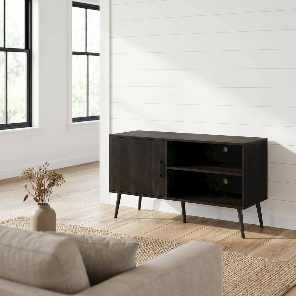 Alt View 1. FurniFact - Espresso Wood TV Stand with One Cabinet and Shelves for Living Room - Brown Black.