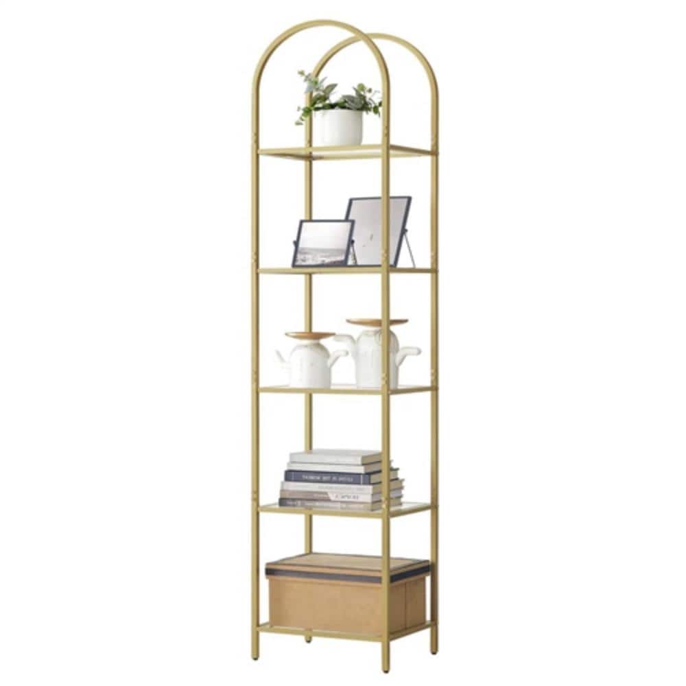 Hivvago - Arched Top Metal Display Rack Narrow Bookcase with 5 Glass Storage Shelves - Gold
