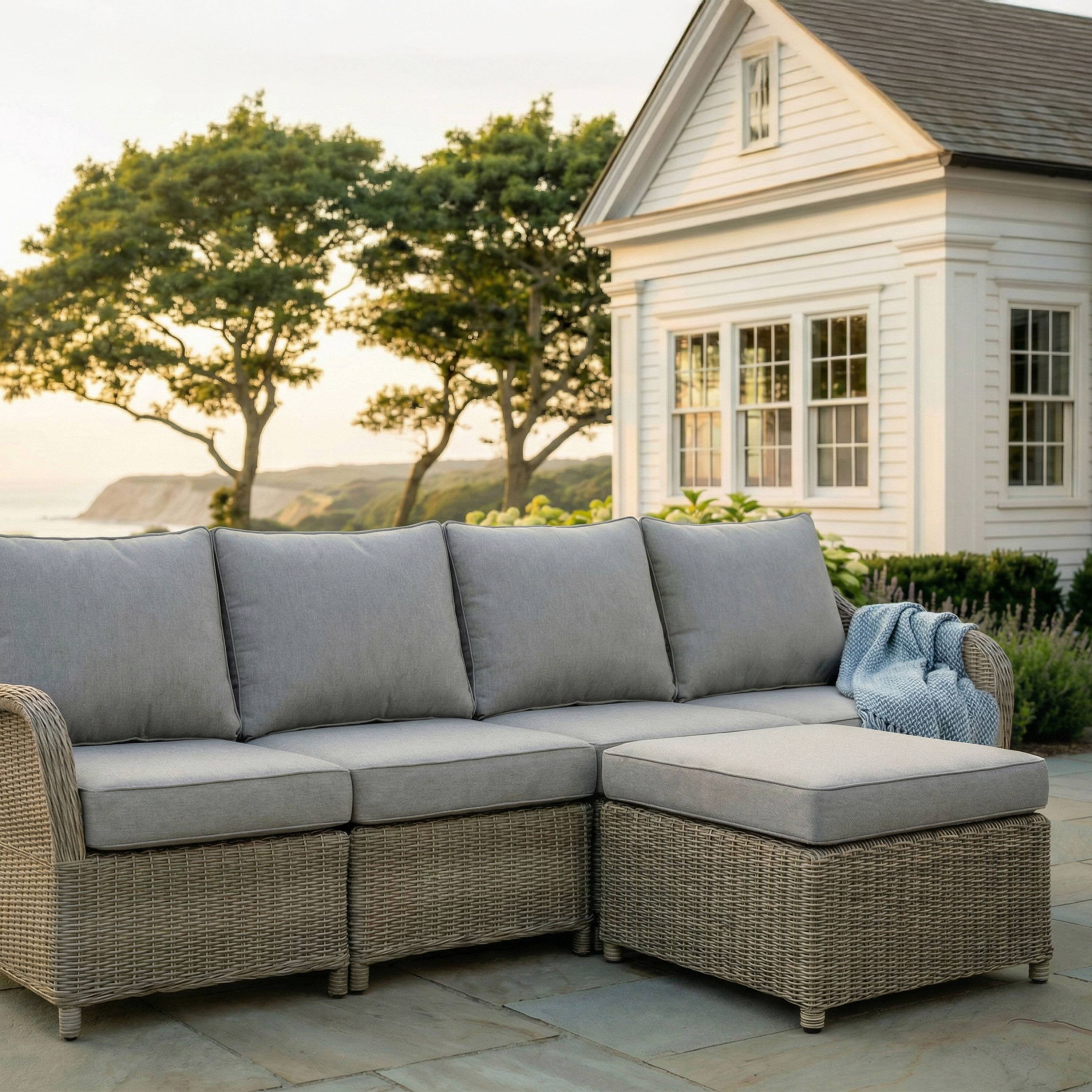 Alt View 1. Martha Stewart - Lily Pond Indoor-Outdoor 4 Seat Modular Patio Sofa with Ottoman - Gray Cushions/Weathered Gray Frame.