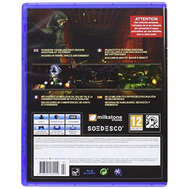 Sure, here is the corrected and grouped text:

---

**ATTENTION**  
L'aliénation de DR nécessite des précautions. L'emploi particulier est détaillé dans la notice.

**DUNGEON CRAWL FIRST PERSON SHOOTING AT ITS FINEST**  
DOZENS OF PERKS, SPELLS AND ENEMIES

**DUNGEON CRAWL PRIMERO PERSONA SHOOTING EN SU MEJOR ESTILO**  
DOCENAS DE PERKES, HECHIZOS Y ENEMIGOS

**DUNGEON CRAWL PRIMA SONA D'ECCELLENZA**  
DOZZINE DI ABILITÀ, INCANTAMENTI E NEMICI

**DESCUBRE EL MEJOR DEL JUEGO DE TIR A LA PRIMERA PERSONA**  
DESCUBRE EL MEJOR DEL JUEGO DE TIR A LA PRIMERA PERSONA

**DISCOVER THE BEST FIRST PERSON SHOOTER**  
DISCOVER THE BEST FIRST PERSON SHOOTER

**DISCOVER THE BEST FIRST PERSON SHOOTER**  
DISCOVER THE BEST FIRST PERSON SHOOTER

**12**  
SOEDESCO

