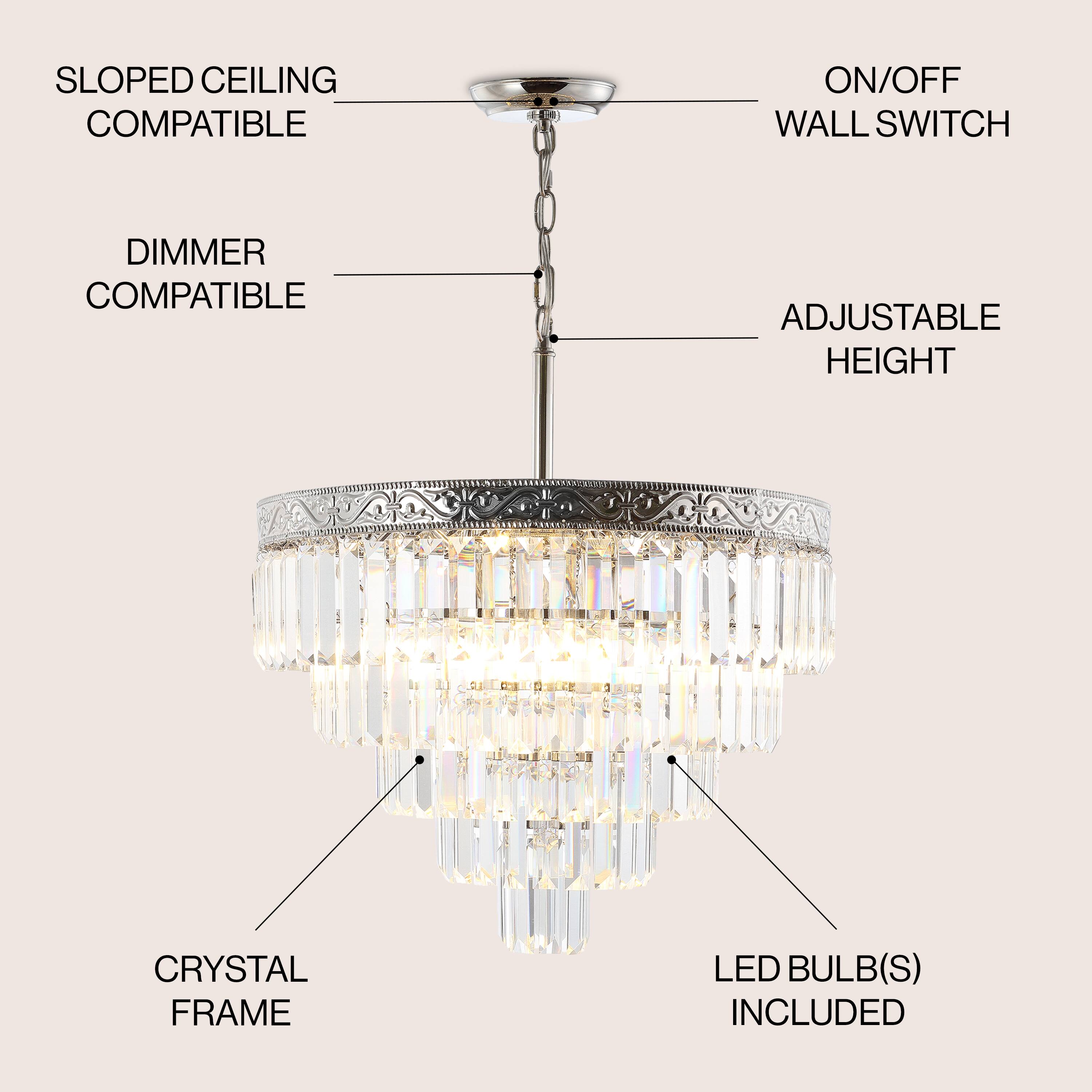 - Sloped Ceiling Compatible
- Dimmer Compatible
- On/Off Wall Switch
- Adjustable Height
- Crystal Frame
- LED Bulb(s) Included